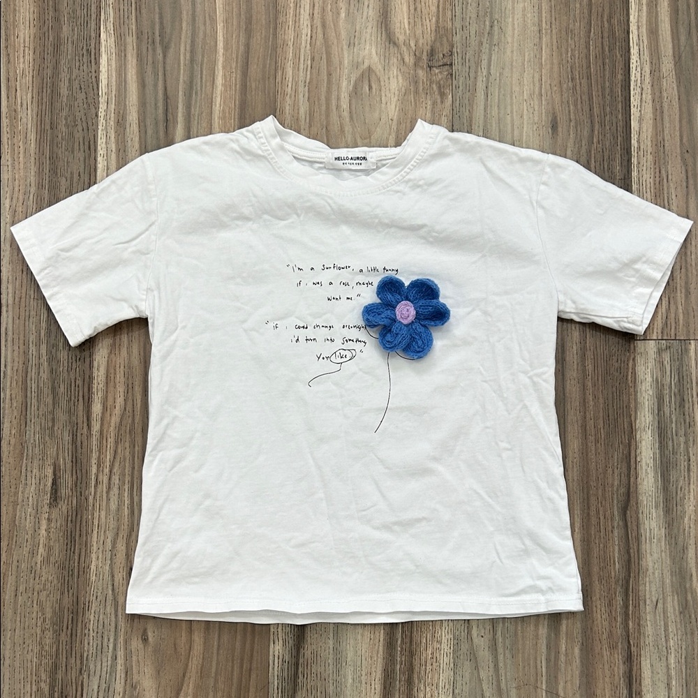 White Tee with Blue Flower Appliqué